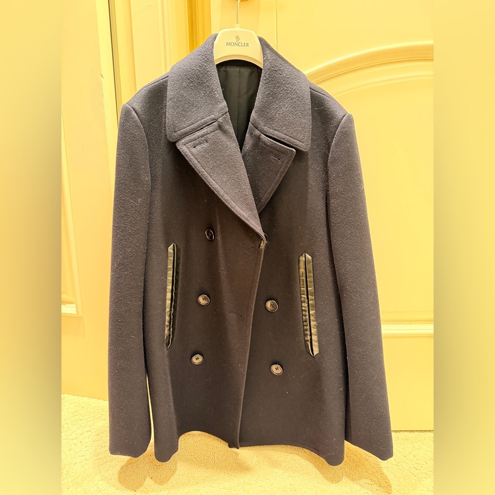 BALENCIAGA black Wool Coat with Button Front leather trim pocket